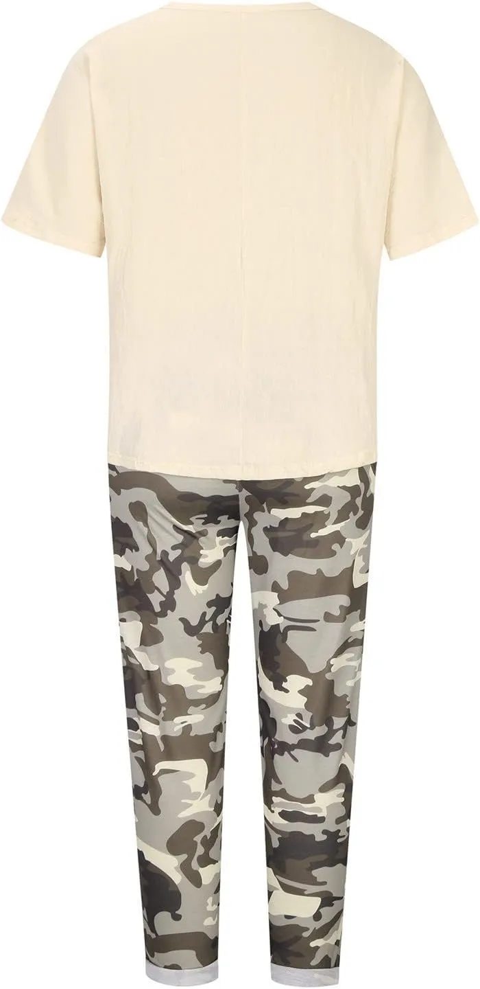 Cotton Linen Sets for Women 2 Piece Dressy Outfits Plus Size Matching Sets Short Sleeve Graphic Tees Camo Capri Pants