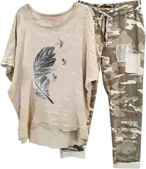 Cotton Linen Sets for Women 2 Piece Dressy Outfits Plus Size Matching Sets Short Sleeve Graphic Tees Camo Capri Pants
