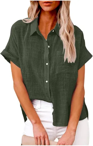 Cotton Linen Shirts for Women 2025 Summer Casual V Neck Roll Up Short Sleeve Blouses Loose Button Up Open Front Tops