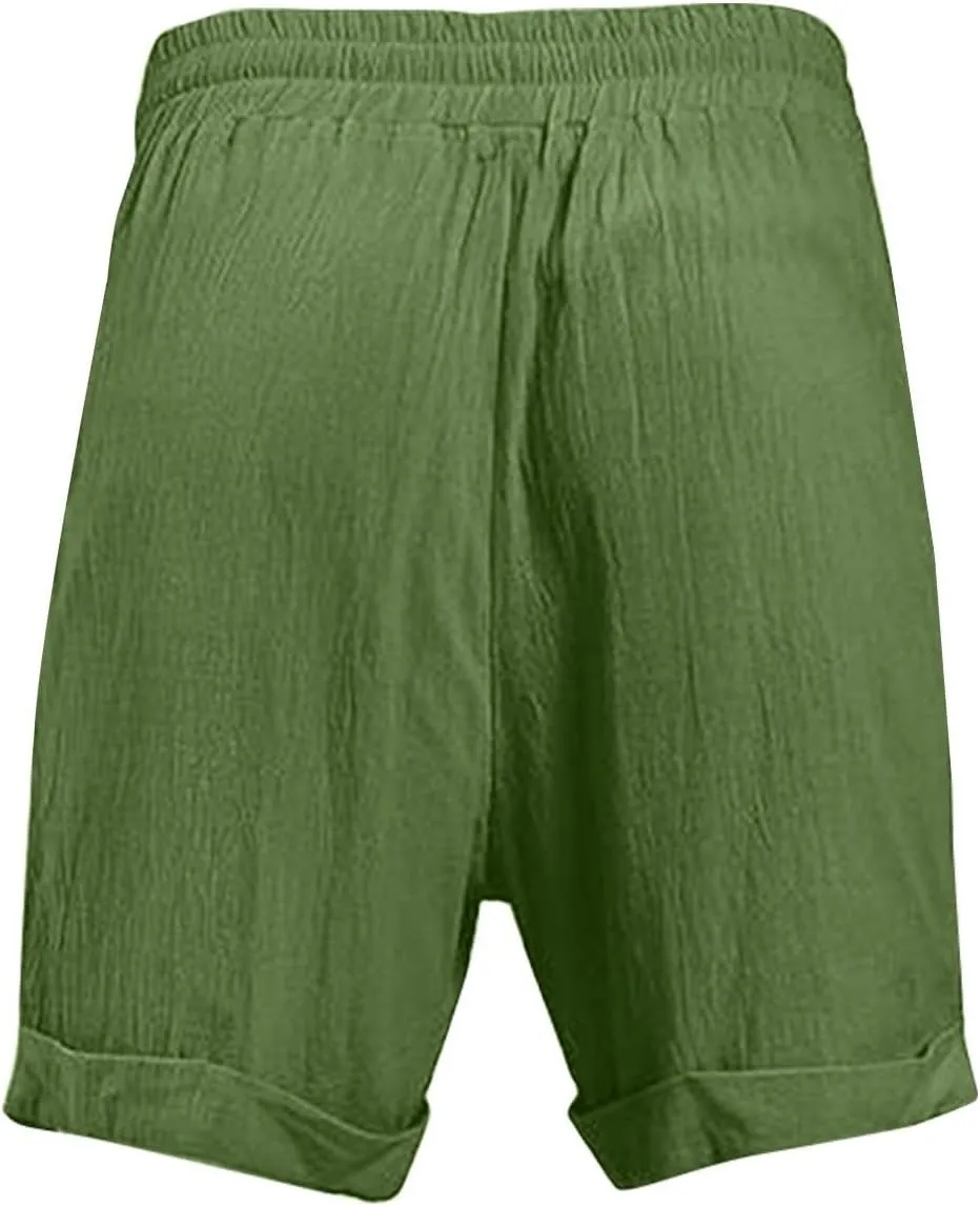 Cotton Linen Shorts for Men Knee Length Elastic Waist Drawstring Lightweight Breathable Casual Lounge Shorts
