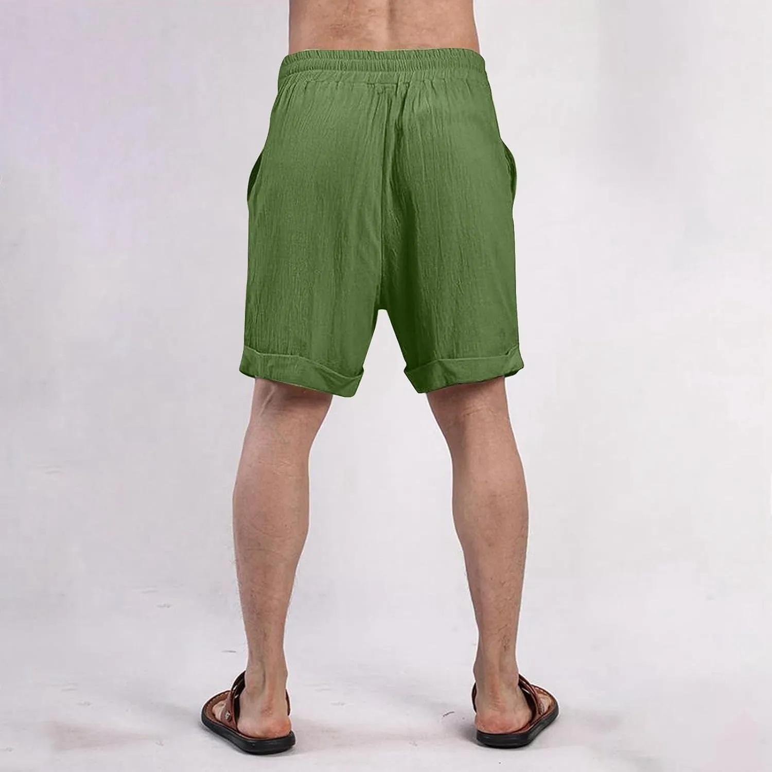 Cotton Linen Shorts for Men Knee Length Elastic Waist Drawstring Lightweight Breathable Casual Lounge Shorts