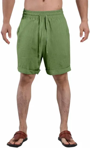 Cotton Linen Shorts for Men Knee Length Elastic Waist Drawstring Lightweight Breathable Casual Lounge Shorts