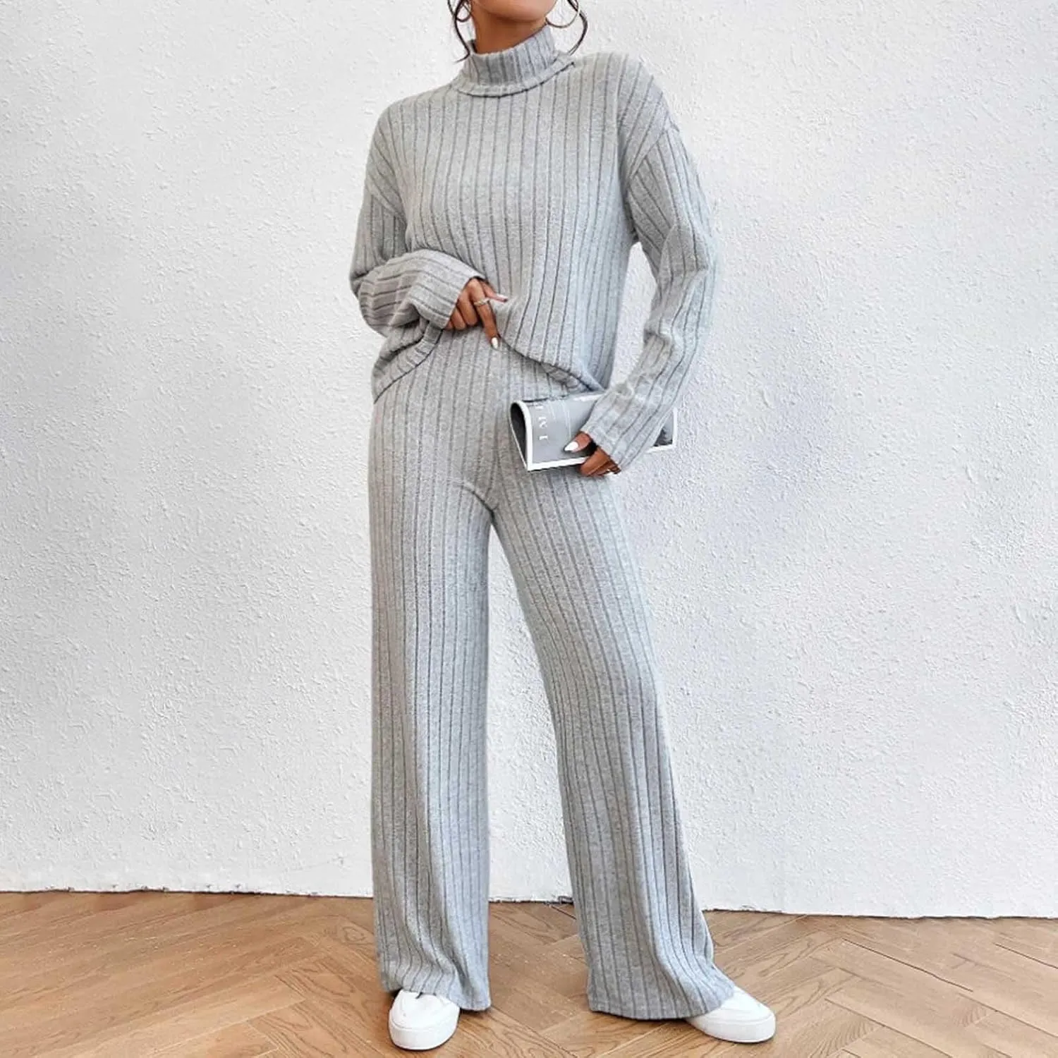 Cozy Lounge Sets for Women Trendy Solid Pajamas V Neck Pullovers Casual Wid Leg Trousers Soft Loungewear Set Nightwear