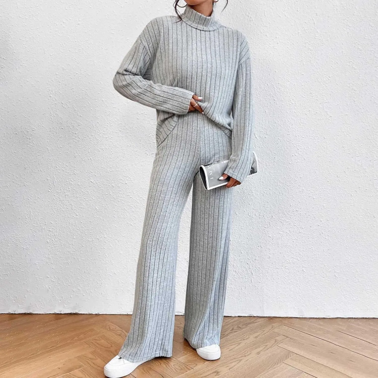 Cozy Lounge Sets for Women Trendy Solid Pajamas V Neck Pullovers Casual Wid Leg Trousers Soft Loungewear Set Nightwear