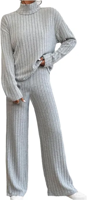 Cozy Lounge Sets for Women Trendy Solid Pajamas V Neck Pullovers Casual Wid Leg Trousers Soft Loungewear Set Nightwear