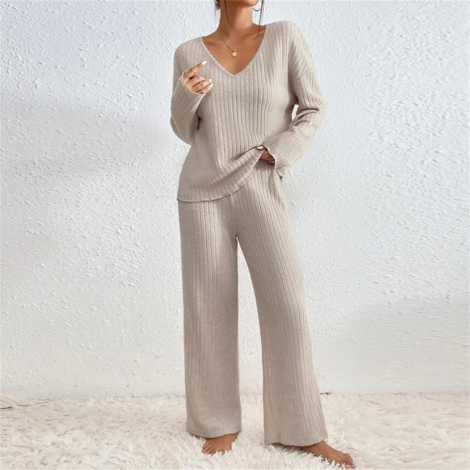 Cozy Lounge Sets for Women Trendy Solid Pajamas V Neck Pullovers Casual Wid Leg Trousers Soft Loungewear Set Nightwear