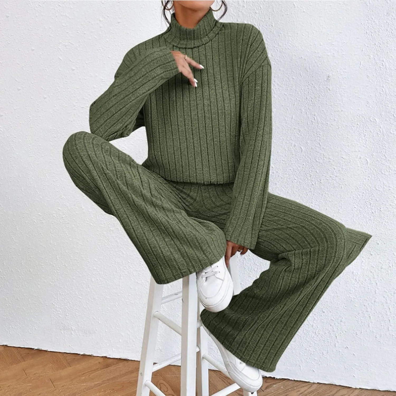 Cozy Lounge Sets for Women Trendy Solid Pajamas V Neck Pullovers Casual Wid Leg Trousers Soft Loungewear Set Nightwear
