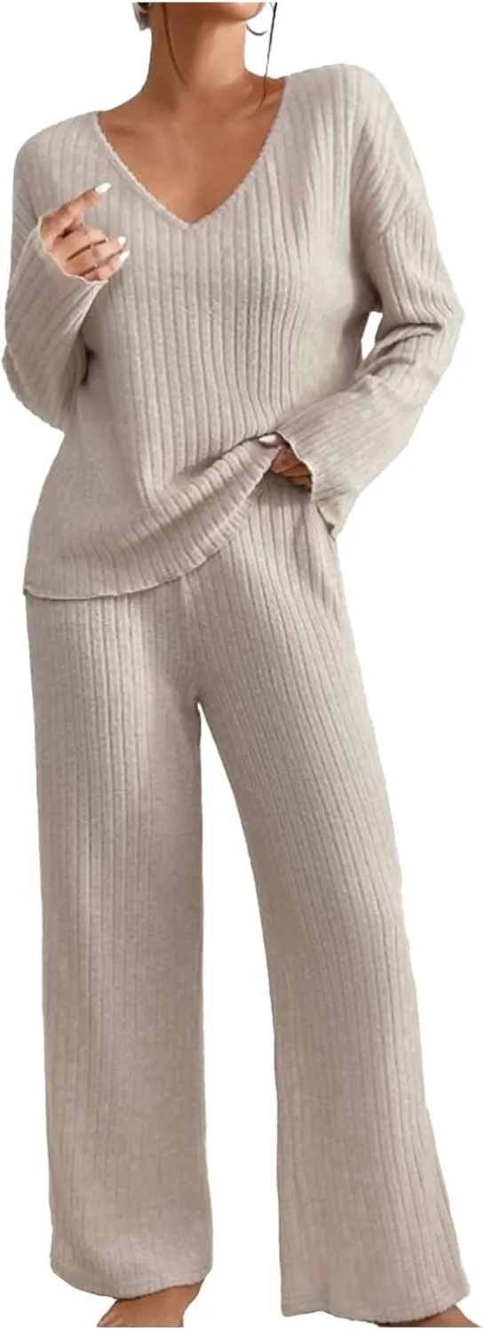 Cozy Lounge Sets for Women Trendy Solid Pajamas V Neck Pullovers Casual Wid Leg Trousers Soft Loungewear Set Nightwear