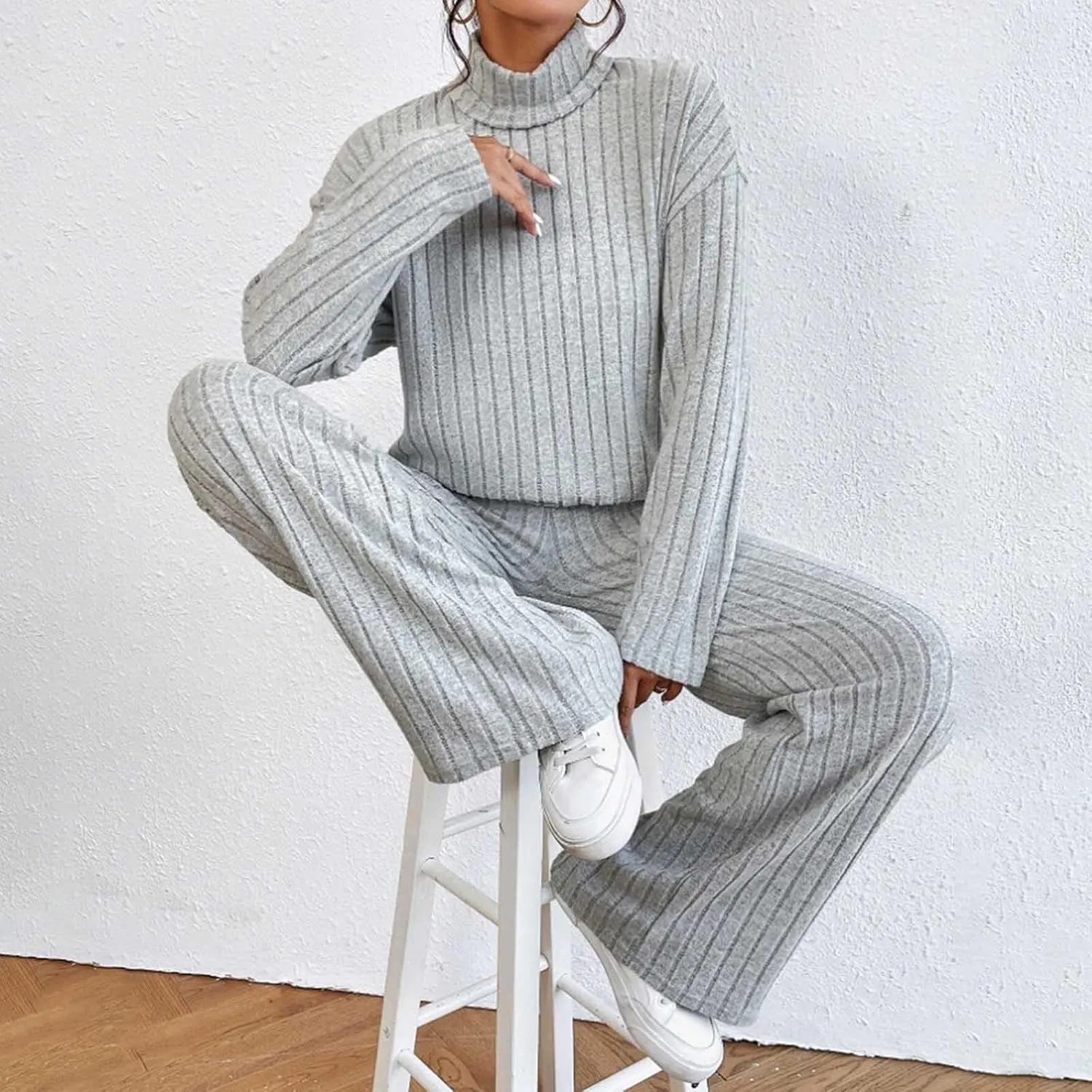 Cozy Lounge Sets for Women Trendy Solid Pajamas V Neck Pullovers Casual Wid Leg Trousers Soft Loungewear Set Nightwear