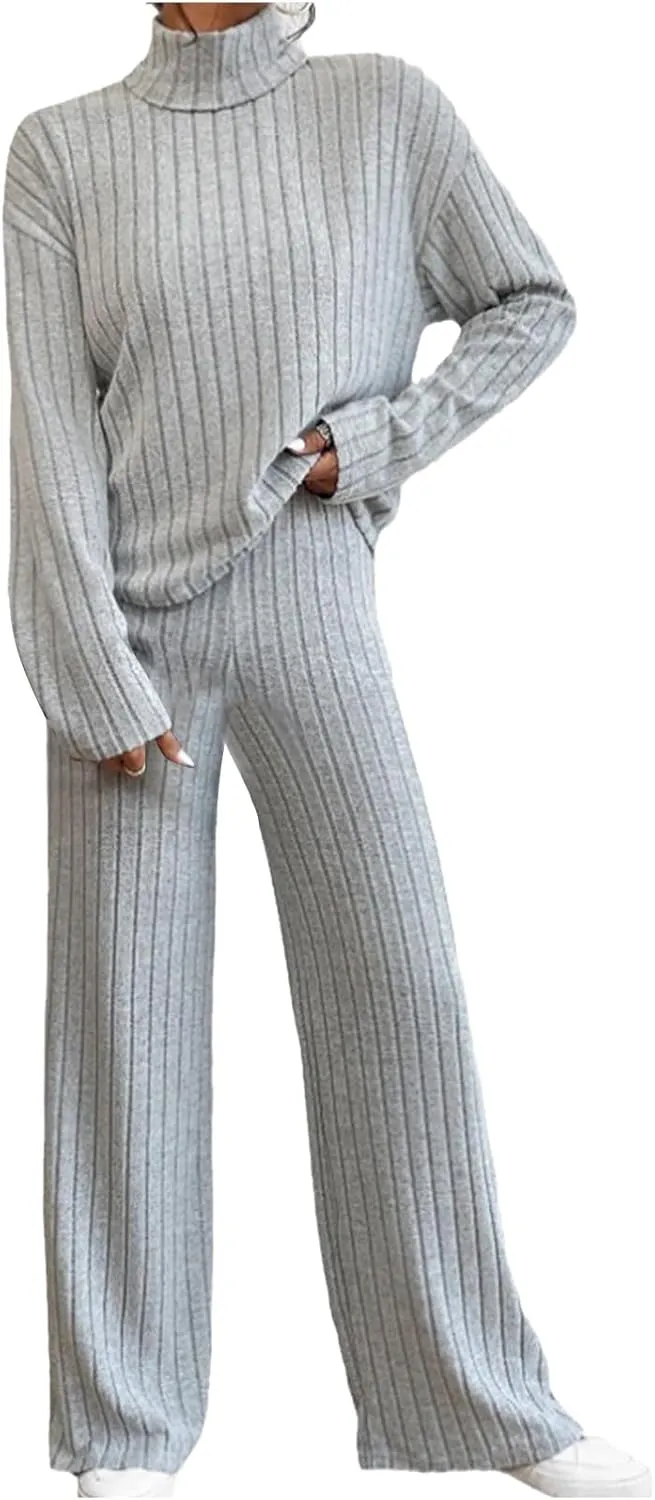 Cozy Lounge Sets for Women Trendy Solid Pajamas V Neck Pullovers Casual Wid Leg Trousers Soft Loungewear Set Nightwear