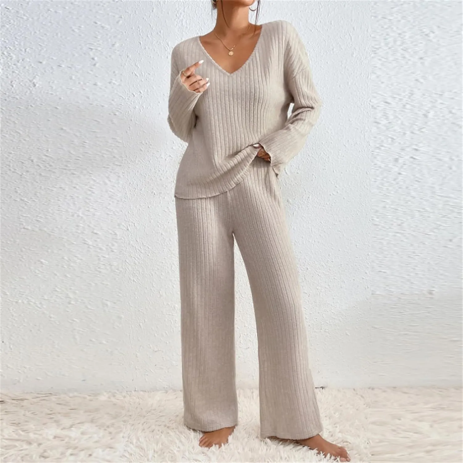 Cozy Lounge Sets for Women Trendy Solid Pajamas V Neck Pullovers Casual Wid Leg Trousers Soft Loungewear Set Nightwear