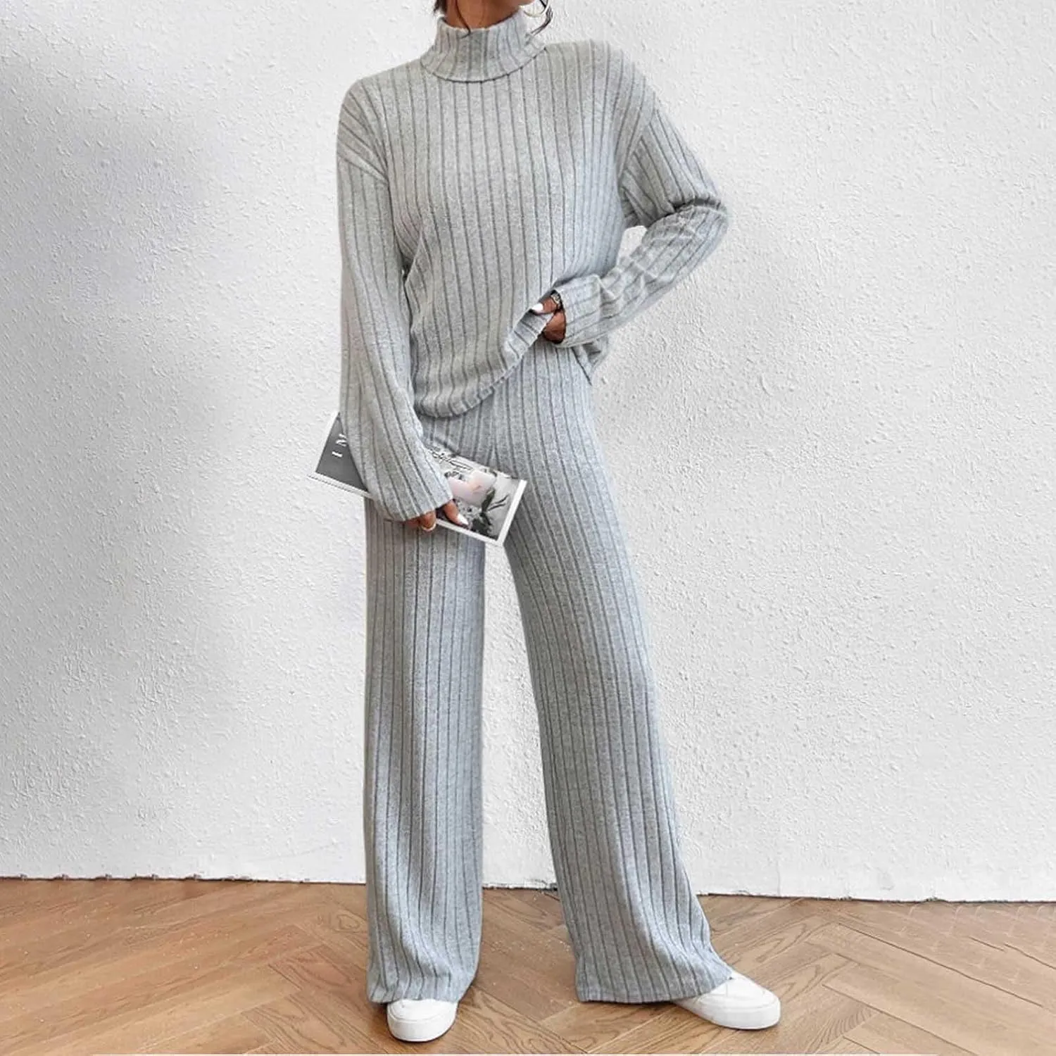 Cozy Lounge Sets for Women Trendy Solid Pajamas V Neck Pullovers Casual Wid Leg Trousers Soft Loungewear Set Nightwear