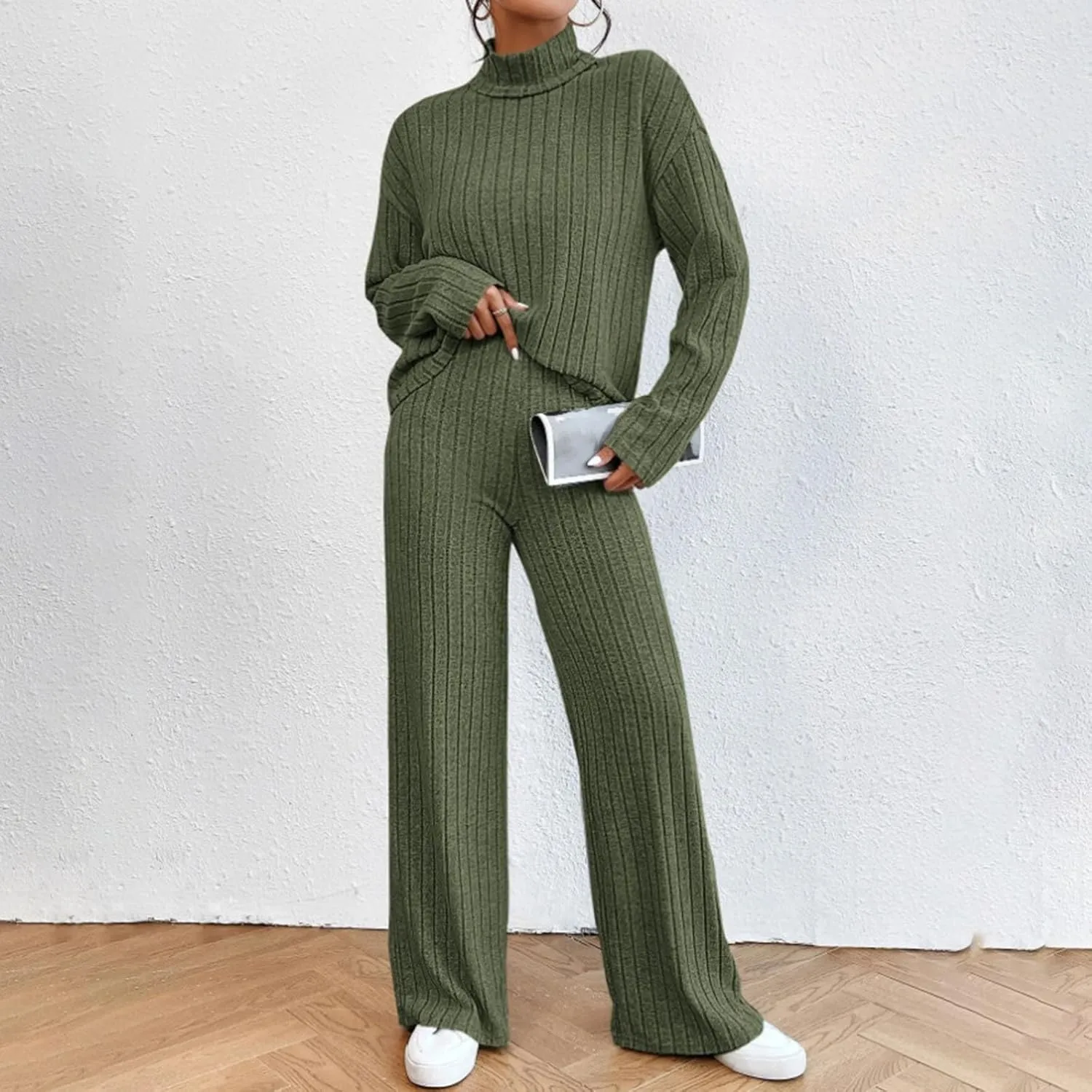 Cozy Lounge Sets for Women Trendy Solid Pajamas V Neck Pullovers Casual Wid Leg Trousers Soft Loungewear Set Nightwear
