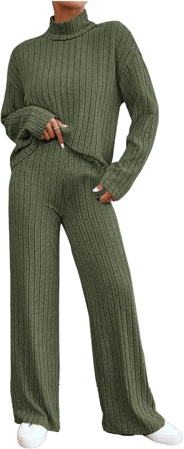 Cozy Lounge Sets for Women Trendy Solid Pajamas V Neck Pullovers Casual Wid Leg Trousers Soft Loungewear Set Nightwear