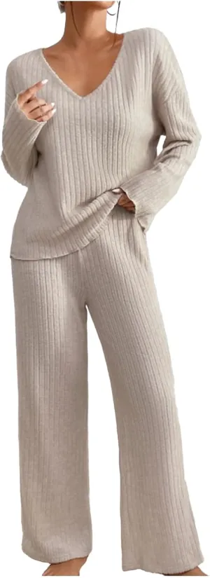 Cozy Lounge Sets for Women Trendy Solid Pajamas V Neck Pullovers Casual Wid Leg Trousers Soft Loungewear Set Nightwear