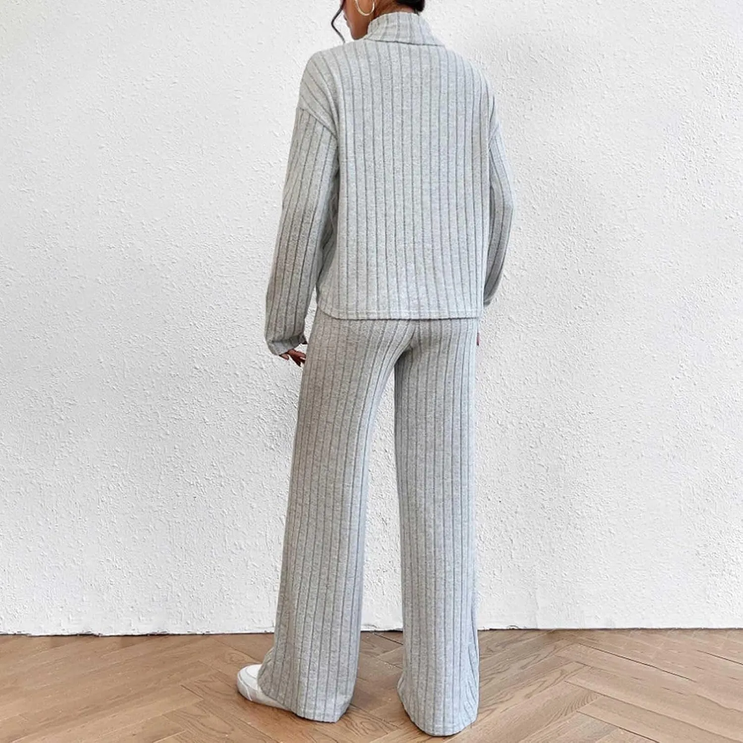 Cozy Lounge Sets for Women Trendy Solid Pajamas V Neck Pullovers Casual Wid Leg Trousers Soft Loungewear Set Nightwear
