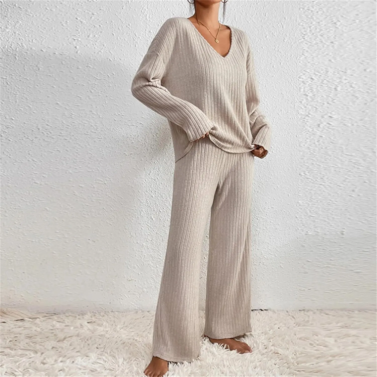 Cozy Lounge Sets for Women Trendy Solid Pajamas V Neck Pullovers Casual Wid Leg Trousers Soft Loungewear Set Nightwear