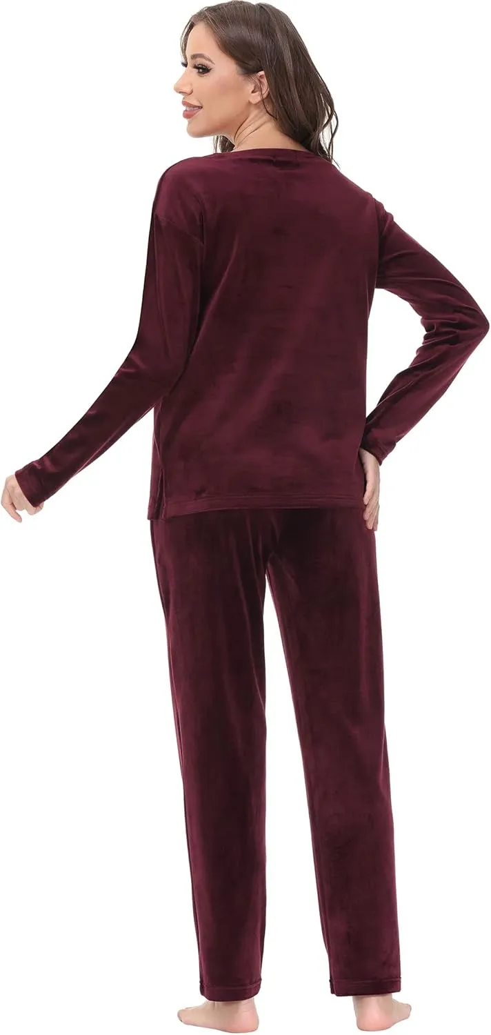 COZZIPLUS Women Velour Sweatsuits Sets Lounge Set 2 Piece Sweatsuit Crew Neck Sweatshirt and Sweatpant Velvet Jogging Suit