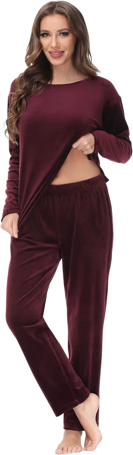 COZZIPLUS Women Velour Sweatsuits Sets Lounge Set 2 Piece Sweatsuit Crew Neck Sweatshirt and Sweatpant Velvet Jogging Suit