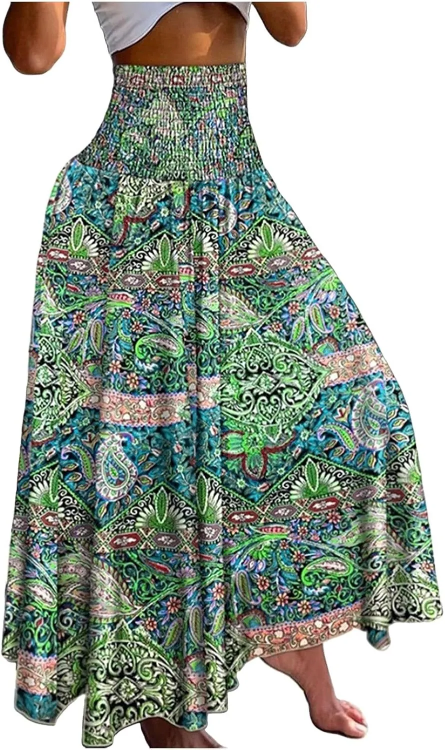 Cute Skirts for Women Trendy High Elastic Waist Paisley Print Loose Pleated Long Flowy Maxi Skirts Ladies Boha Dress