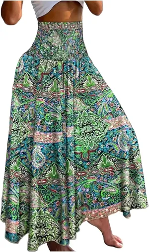 Cute Skirts for Women Trendy High Elastic Waist Paisley Print Loose Pleated Long Flowy Maxi Skirts Ladies Boha Dress