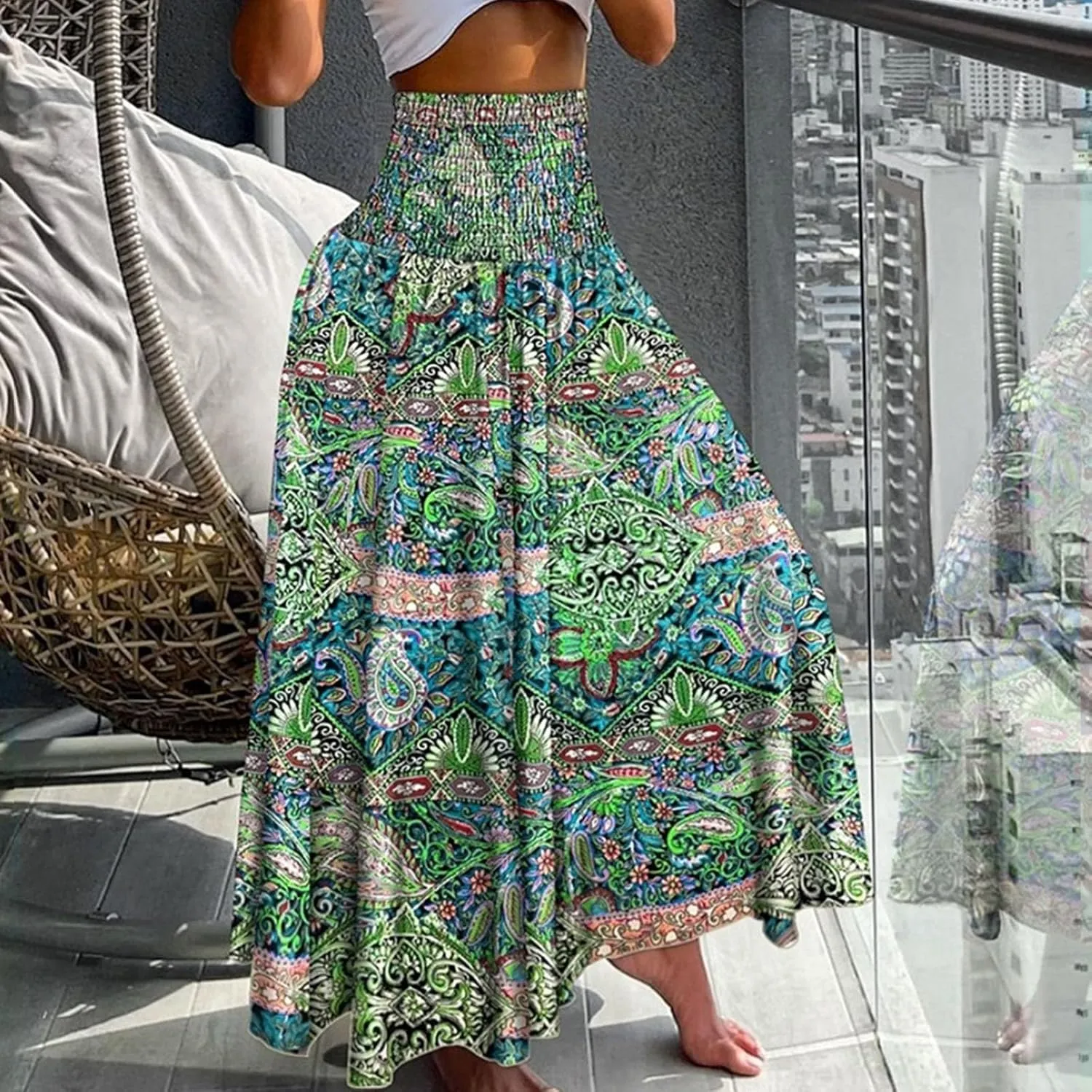 Cute Skirts for Women Trendy High Elastic Waist Paisley Print Loose Pleated Long Flowy Maxi Skirts Ladies Boha Dress