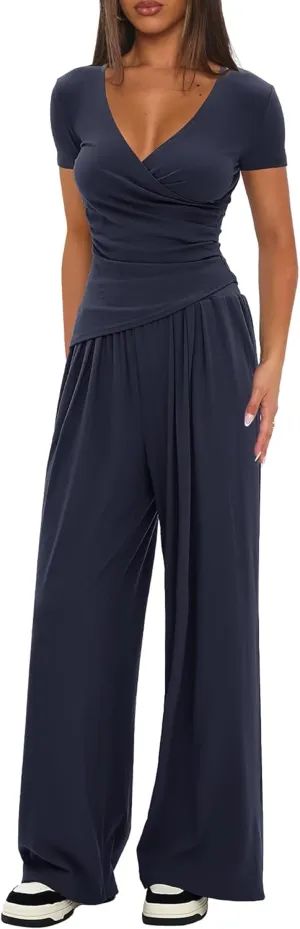 Darong Women's 2 Piece Lounge Outfits Sets Warp V Neck Short/Long Sleeve Shirts and Wide Leg Pants Casual Matching Sets