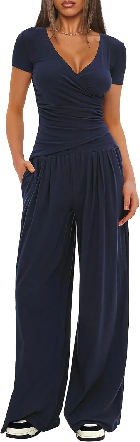 Darong Women's 2 Piece Lounge Outfits Sets Warp V Neck Short/Long Sleeve Shirts and Wide Leg Pants Casual Matching Sets