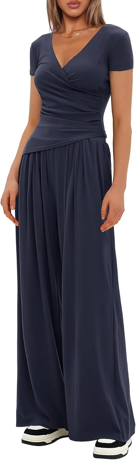 Darong Women's 2 Piece Lounge Outfits Sets Warp V Neck Short/Long Sleeve Shirts and Wide Leg Pants Casual Matching Sets
