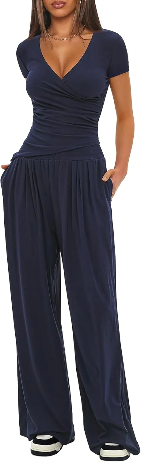 Darong Women's 2 Piece Lounge Outfits Sets Warp V Neck Short/Long Sleeve Shirts and Wide Leg Pants Casual Matching Sets