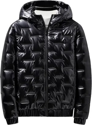 DGHM-JLMY Men's Hooded Padded Glossy Down Jacket Winter Detachable Collar Puffer Jacket Thick Warm Metallic Hood Padded Coats