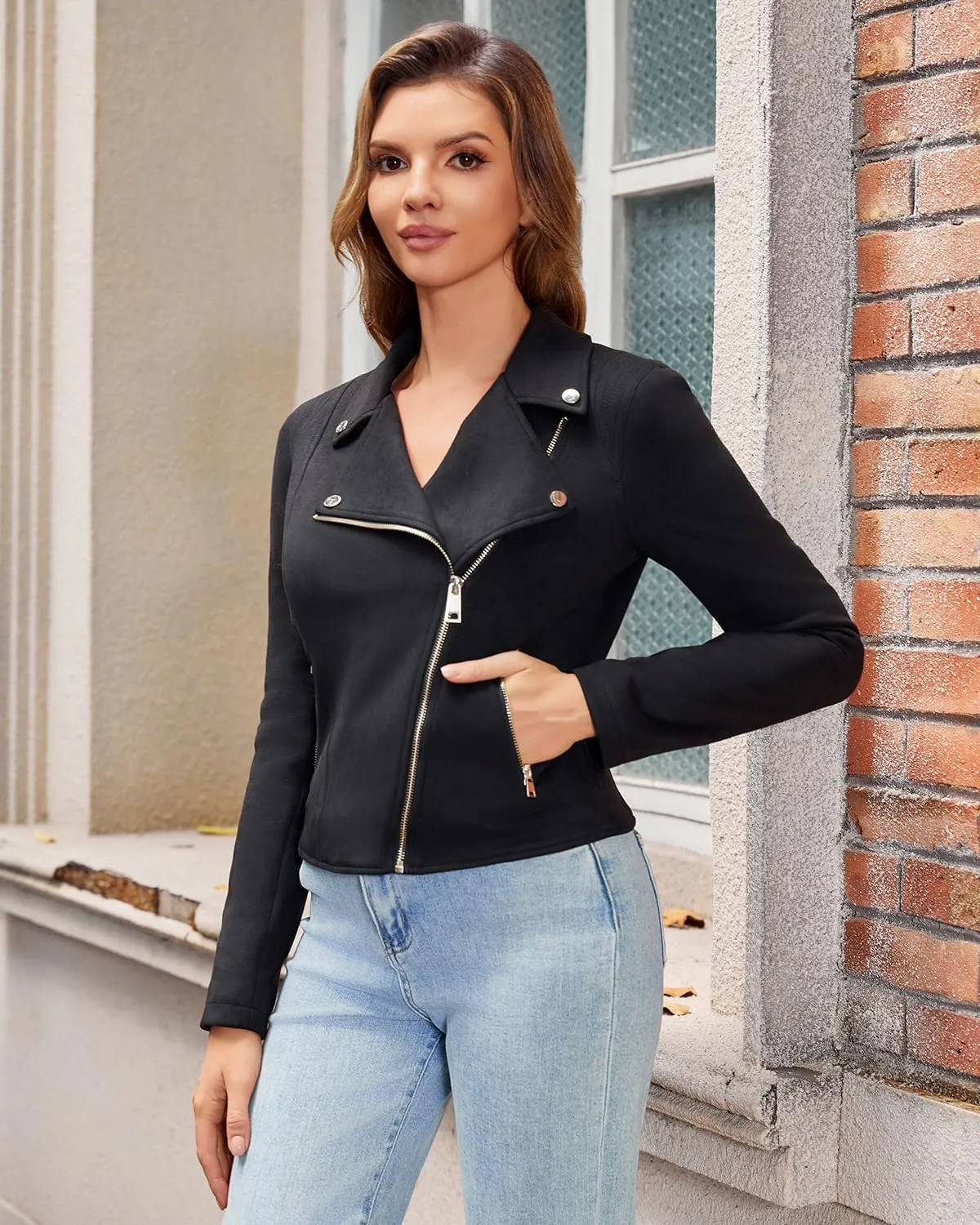 DIASHINY Faux Leather Jacket For Women Crop Short Cropped PU Slim Zip Up Moto Biker Coat Motorcycle Jackets