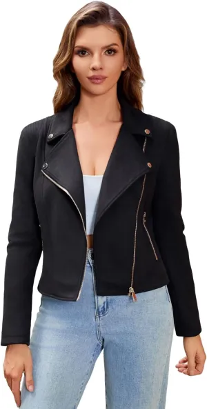 DIASHINY Faux Leather Jacket For Women Crop Short Cropped PU Slim Zip Up Moto Biker Coat Motorcycle Jackets