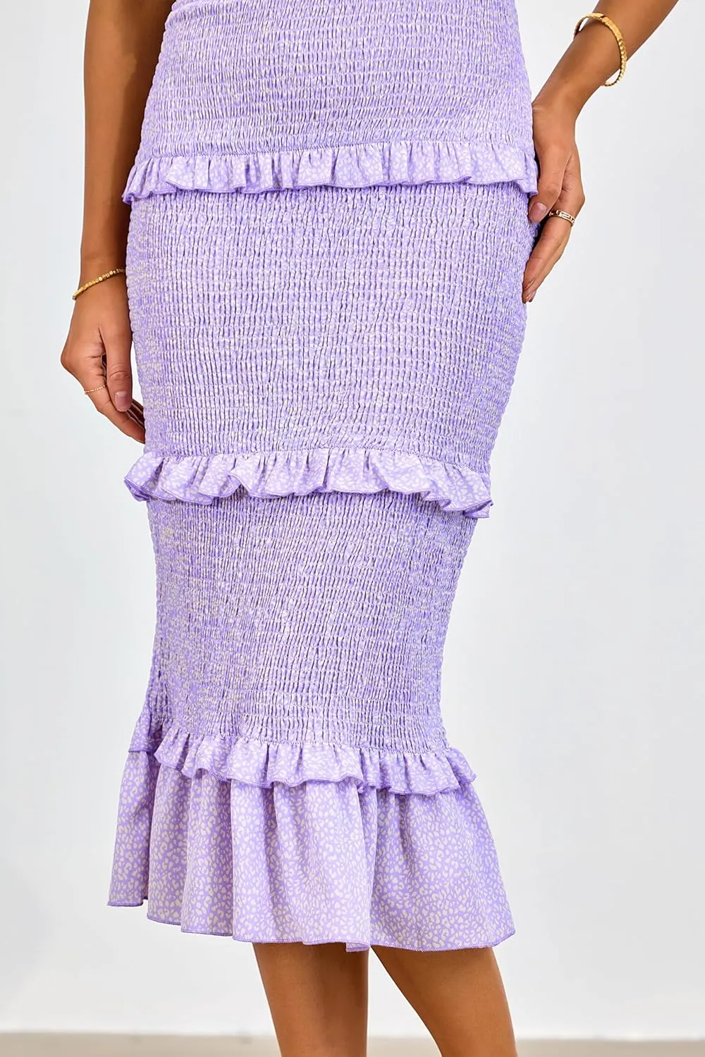 dowerme Women Summer Casual Floral Midi Smocked Bodycon Dresses Spaghetti Strap Square Neck Ruffle Mermaid Prom Dress