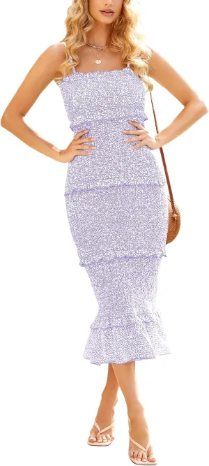 dowerme Women Summer Casual Floral Midi Smocked Bodycon Dresses Spaghetti Strap Square Neck Ruffle Mermaid Prom Dress