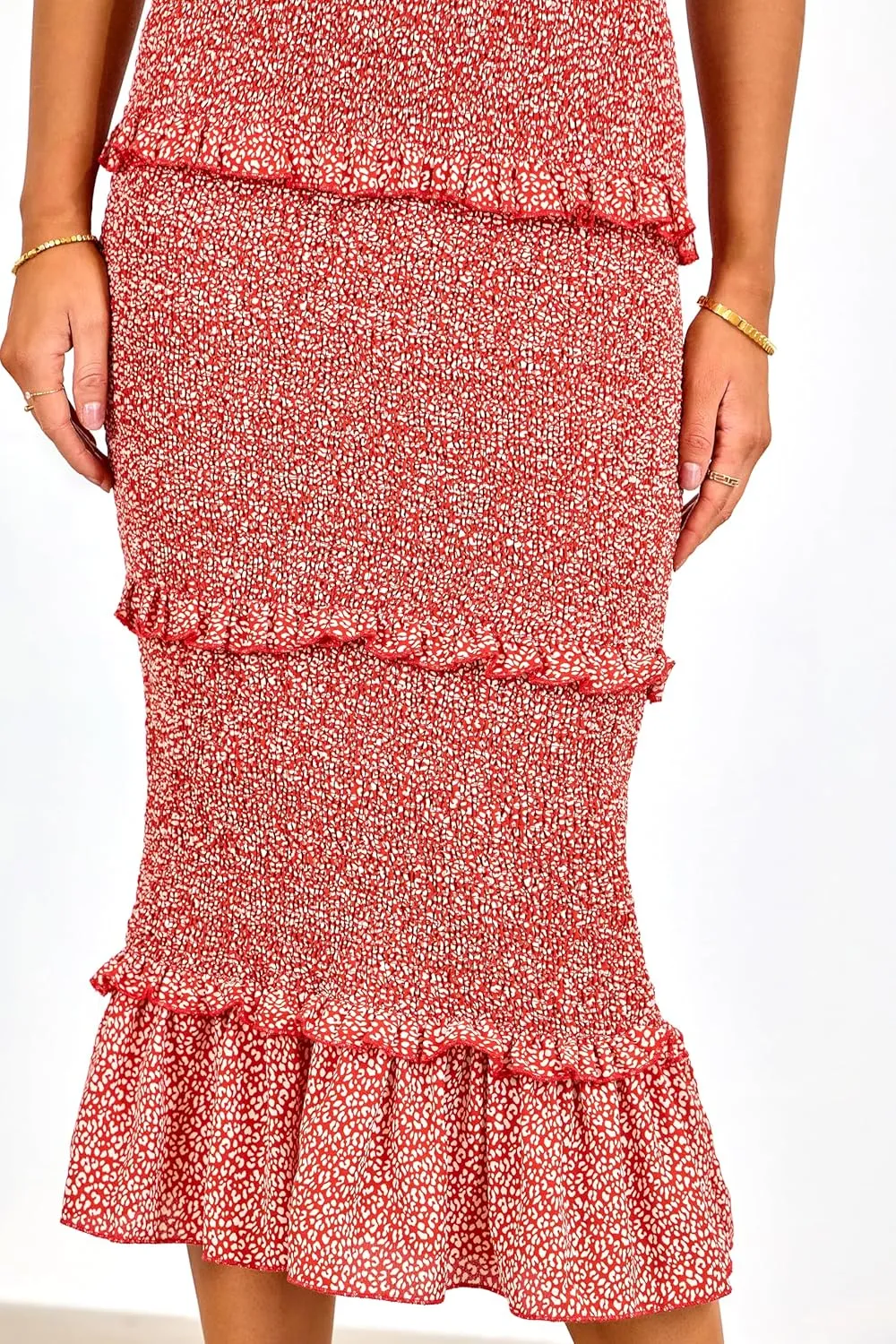 dowerme Women Summer Casual Floral Midi Smocked Bodycon Dresses Spaghetti Strap Square Neck Ruffle Mermaid Prom Dress