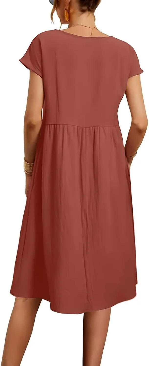 Dresses for Women 2024 Summer Plus Size Short Sleeves Cotton Linen Midi Dress Trendy Casual Loose Beach Sundress