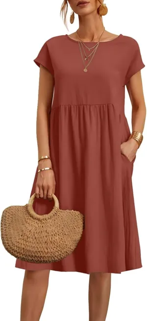 Dresses for Women 2024 Summer Plus Size Short Sleeves Cotton Linen Midi Dress Trendy Casual Loose Beach Sundress