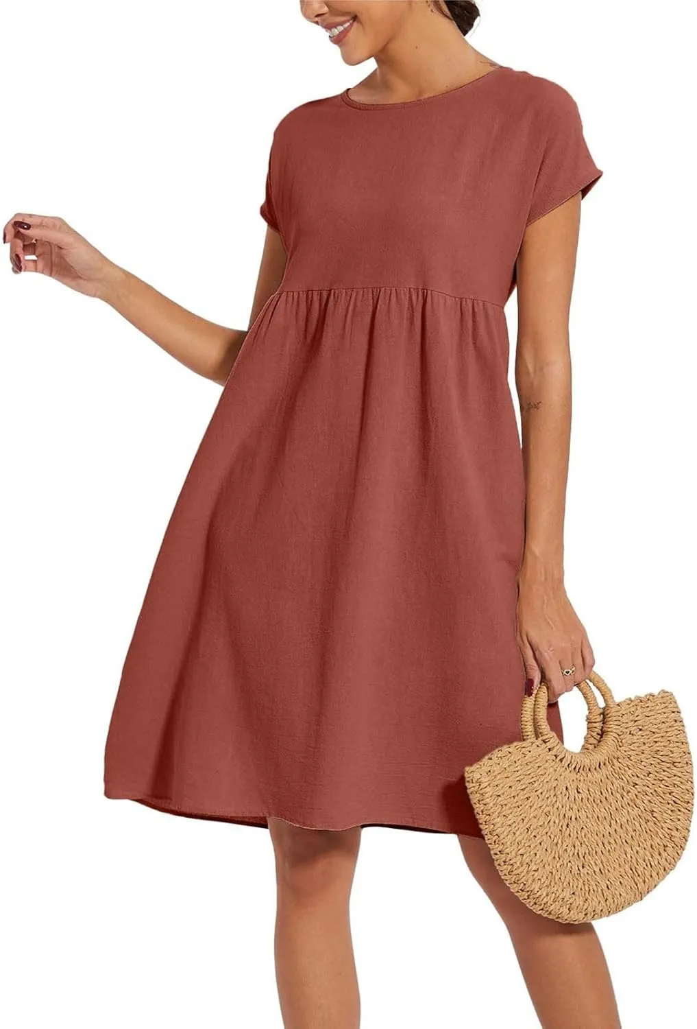 Dresses for Women 2024 Summer Plus Size Short Sleeves Cotton Linen Midi Dress Trendy Casual Loose Beach Sundress