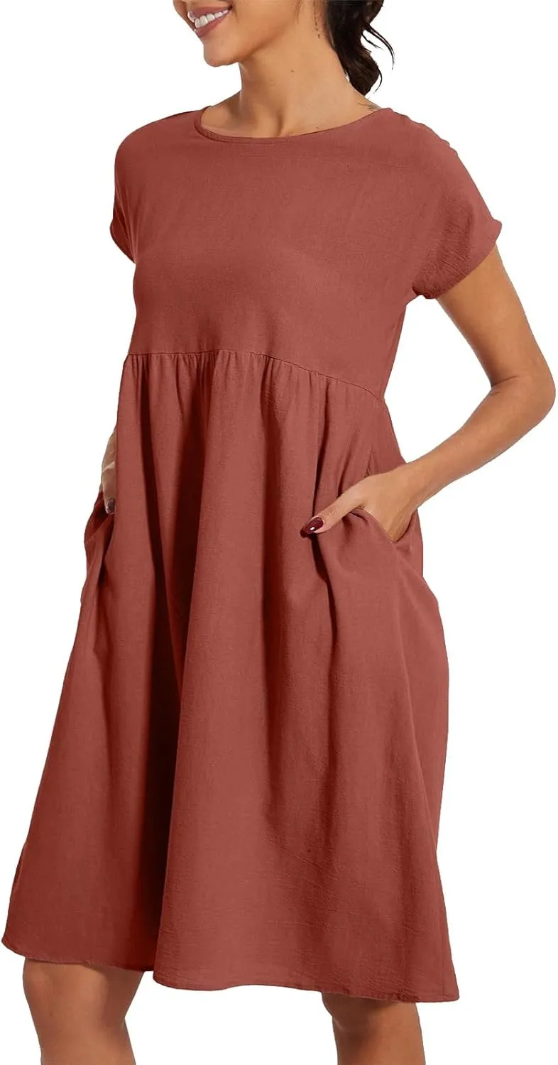 Dresses for Women 2024 Summer Plus Size Short Sleeves Cotton Linen Midi Dress Trendy Casual Loose Beach Sundress