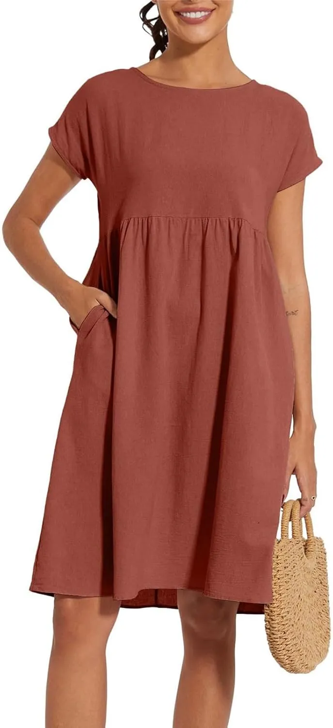 Dresses for Women 2024 Summer Plus Size Short Sleeves Cotton Linen Midi Dress Trendy Casual Loose Beach Sundress