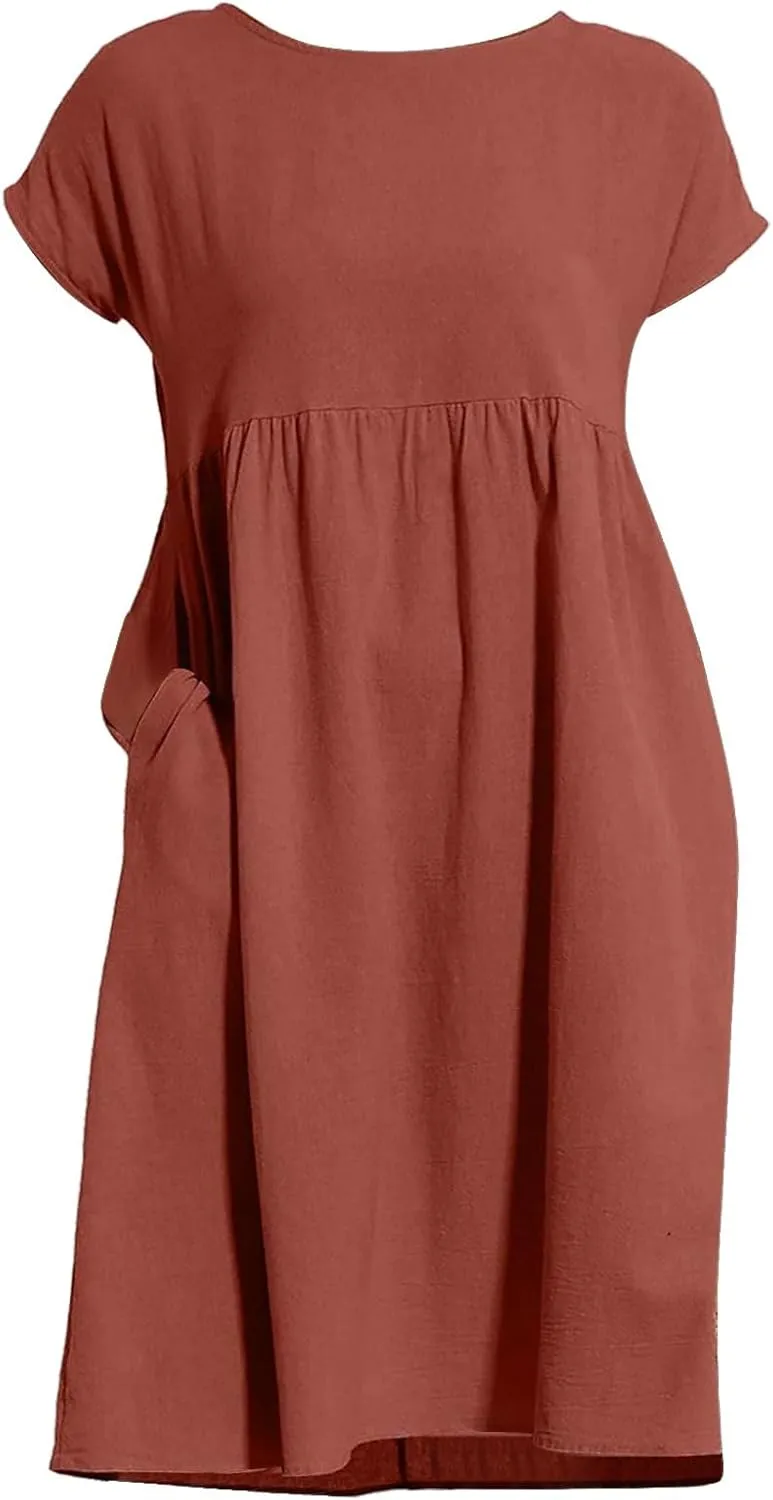 Dresses for Women 2024 Summer Plus Size Short Sleeves Cotton Linen Midi Dress Trendy Casual Loose Beach Sundress