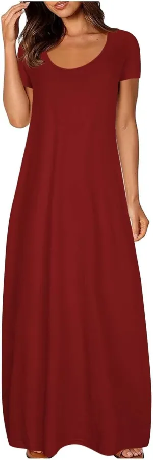 Dresses for Women 2025 Casual Summer Maxi Dresses Short Sleeve Round Neck Dress Plus Size Long Beach Vacation Sundress
