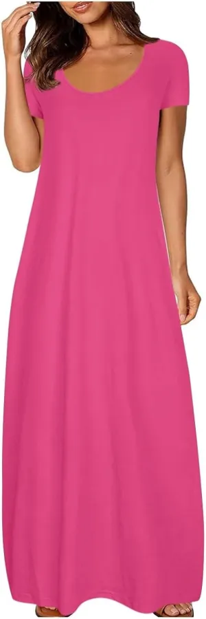 Dresses for Women 2025 Casual Summer Maxi Dresses Short Sleeve Round Neck Dress Plus Size Long Beach Vacation Sundress