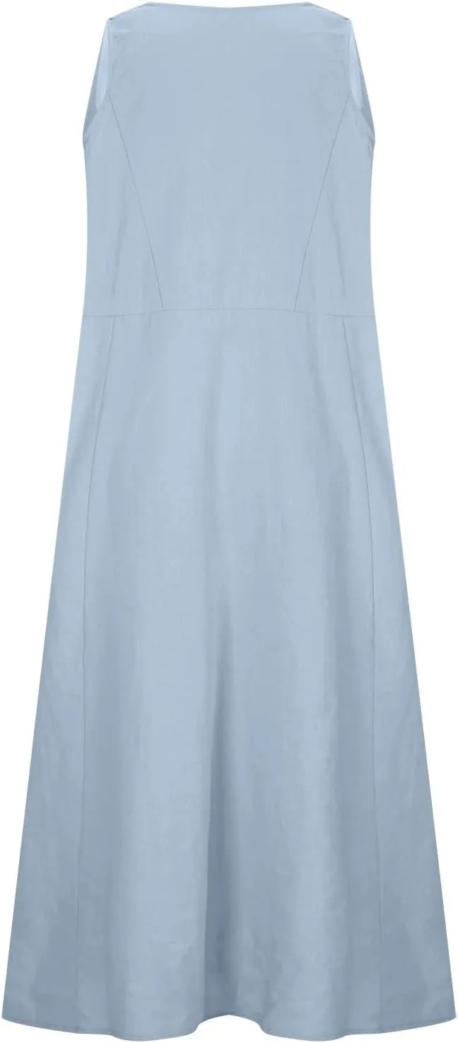 Dresses for Women 2025 Fashion Solid Color Round Neck Sleeveless Long Dress Linen 2025 Summer Comfy Dress with Pocket