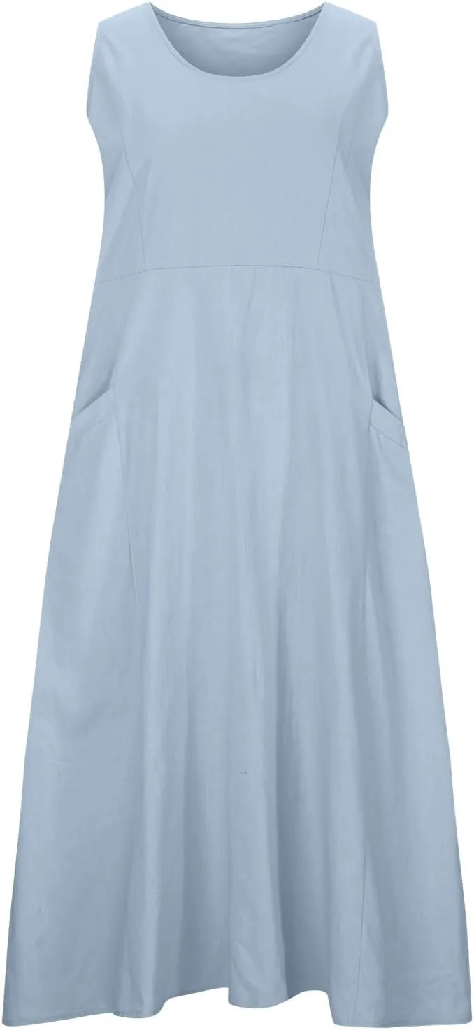 Dresses for Women 2025 Fashion Solid Color Round Neck Sleeveless Long Dress Linen 2025 Summer Comfy Dress with Pocket