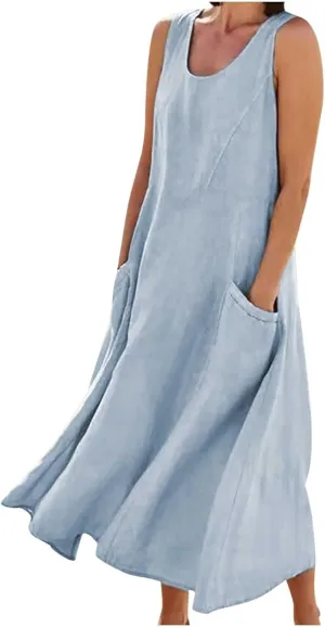 Dresses for Women 2025 Fashion Solid Color Round Neck Sleeveless Long Dress Linen 2025 Summer Comfy Dress with Pocket