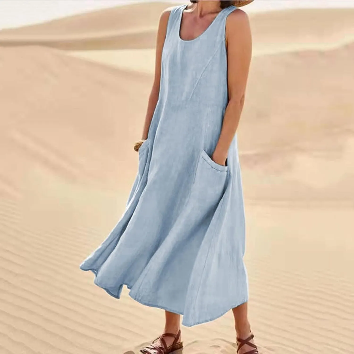 Dresses for Women 2025 Fashion Solid Color Round Neck Sleeveless Long Dress Linen 2025 Summer Comfy Dress with Pocket
