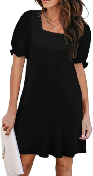 Dresses for Women Puff Sleeve Square Neck Mini Dress Fashion Trendy Dressy Solid Color Dresses Slim Fit Sundress