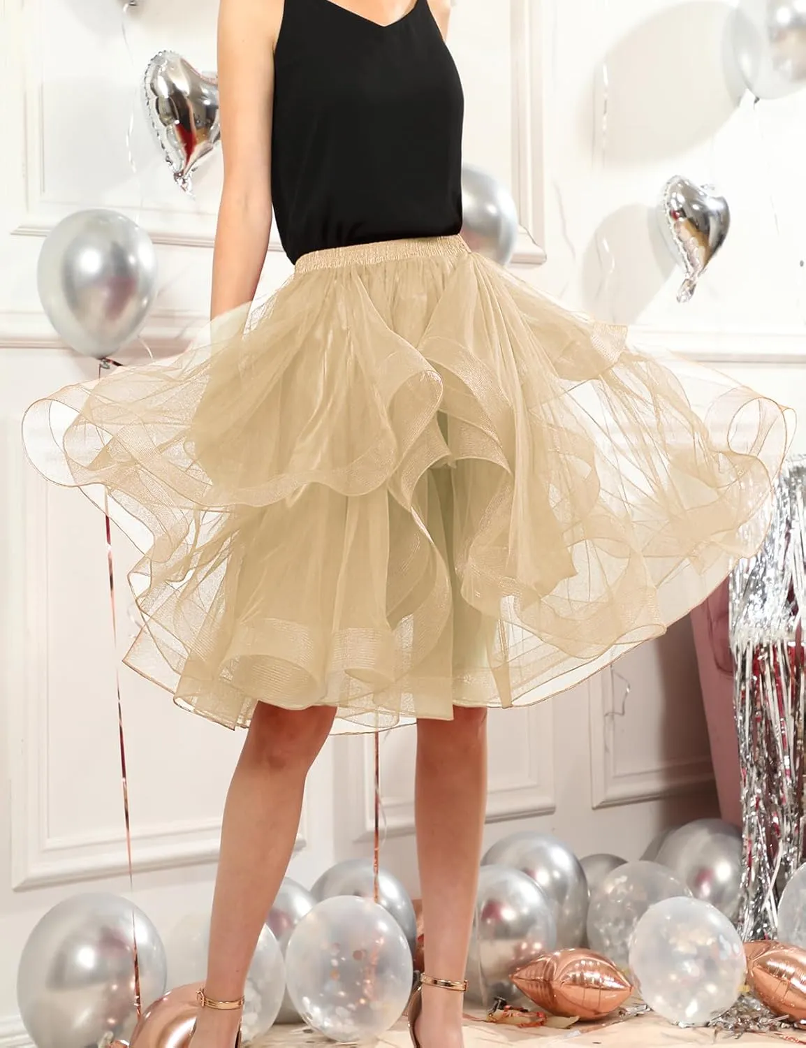 DRESSTELLS Tulle Skirts for Women, A Line Elastic Waist Tiered Layered Puffy Midi Long Party Tutu Skirt